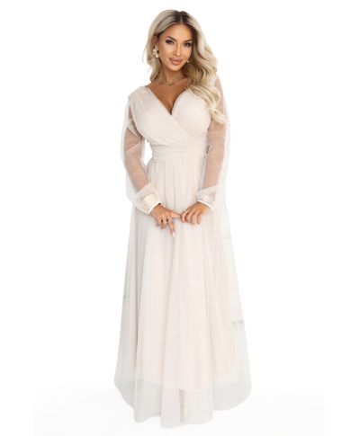 Abito Lungo Beige in Tulle con Scollo a Portafoglio e Maniche Trasparenti – LANTHE - GOGOLFUN.IT