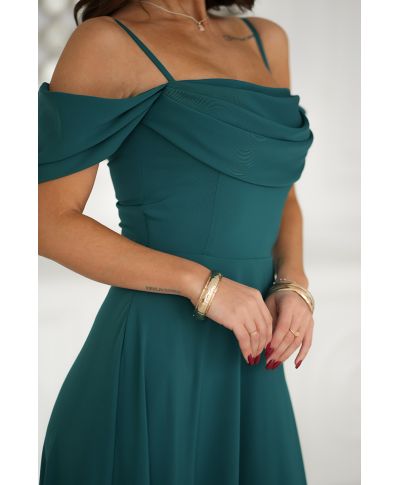 Abito elegante, lungo - Spacco sulla gamba - Spalline cadenti - Verde bottiglia