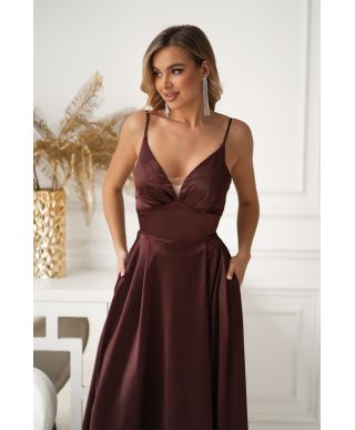 Vestito Lungo Satinato Marrone con Spacco e Schiena Regolabile - Ravenna