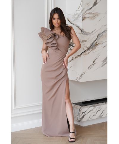 Abito elegante, lungo – Mono spalla - Colore cammello - Fiora