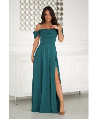 Abito elegante, lungo - Spacco sulla gamba - Spalline cadenti - Verde bottiglia