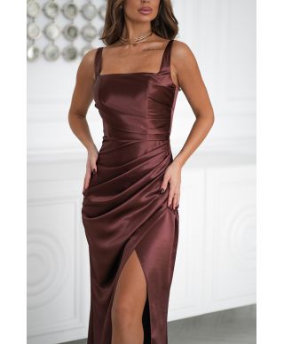 Abito Satinato Maxi con Corsetto - Color Cioccolato – Tessuto liscio e luminoso