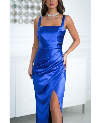 Abito Satinato Maxi Blu Elettrico con Spacco e Allacciatura Gorset – Eleganza e Carisma