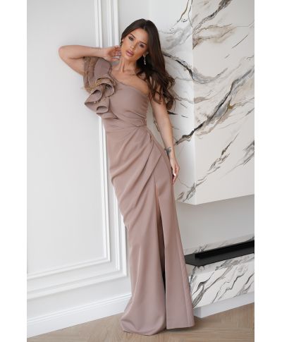 Abito elegante, lungo – Mono spalla - Colore cammello - Fiora