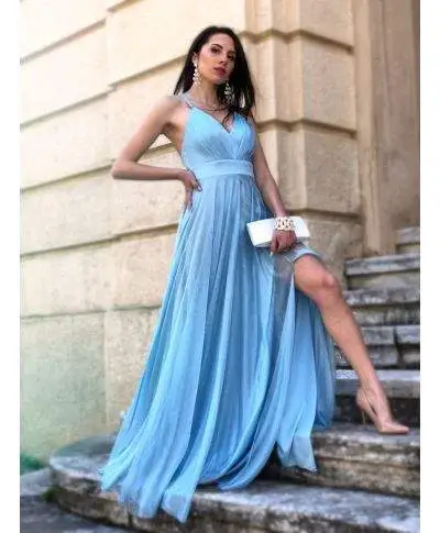 Vestito azzurro, lungo - Con spacco - Brillantinato