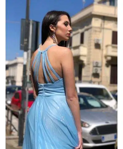 Vestito azzurro, lungo - Con spacco - Brillantinato