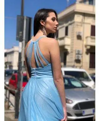 Vestito azzurro, lungo - Con spacco - Brillantinato