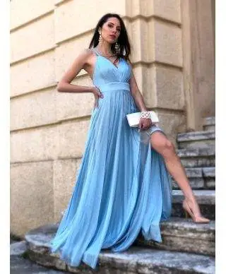 Vestito azzurro, lungo - Con spacco - Brillantinato
