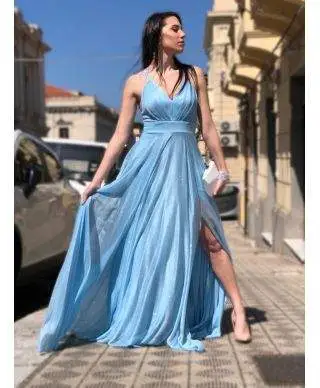 Vestito azzurro, lungo - Con spacco - Brillantinato
