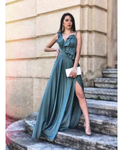 Vestito verde, lungo - Con balze - Spacco