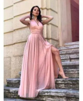Vestito rosa, lungo - Con spacco