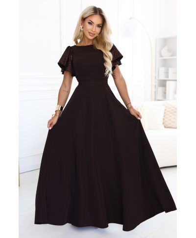 Vestito  da Cerimonia - Marrone Cioccolato -  Vita Segnata e Maniche Glitterate - MIRELLA - GOGOLFUN.IT