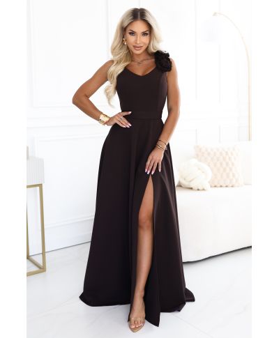 Abito lungo da sera elegante con spacco e rosa – marrone cioccolato – NAYLA - GOGOLFUN.IT