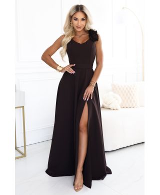Abito lungo da sera elegante con spacco e rosa – marrone cioccolato – NAYLA - GOGOLFUN.IT