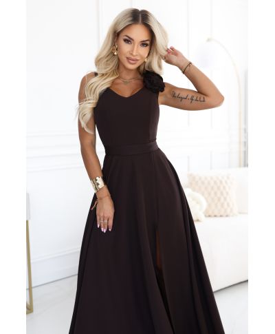 Abito lungo da sera elegante con spacco e rosa – marrone cioccolato – NAYLA - GOGOLFUN.IT