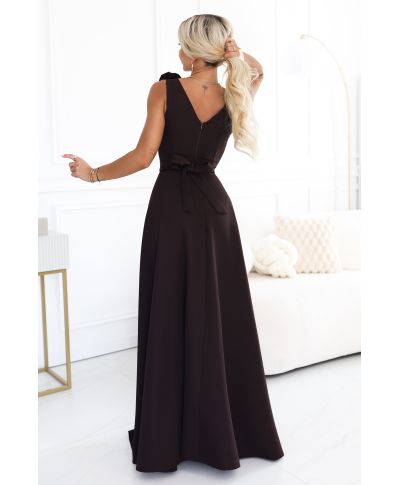 Abito lungo da sera elegante con spacco e rosa – marrone cioccolato – NAYLA - GOGOLFUN.IT