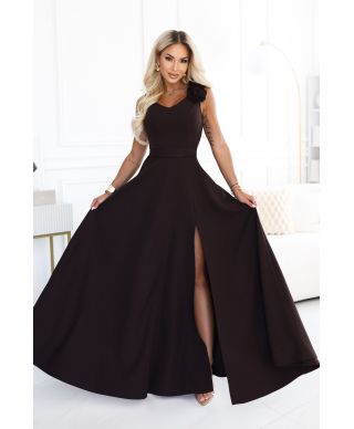  643-10 Elegancka wieczorowa suknia maxi z rozcięciem i różami - czekoladowy brąz 
