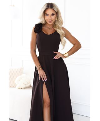  643-10 Elegancka wieczorowa suknia maxi z rozcięciem i różami - czekoladowy brąz 