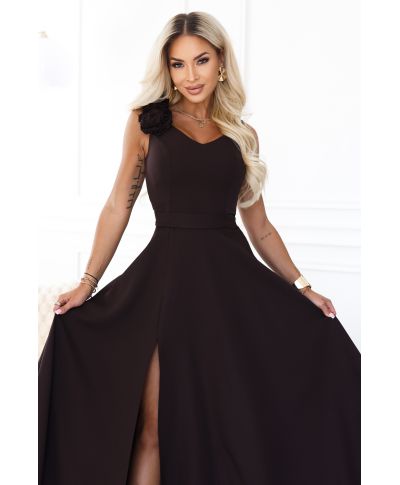 Abito lungo da sera elegante con spacco e rosa – marrone cioccolato – NAYLA - GOGOLFUN.IT
