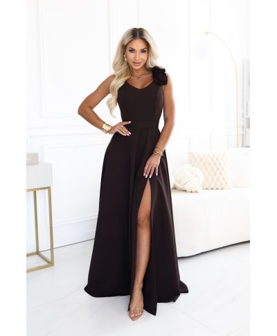 Abito lungo da sera elegante con spacco e rosa – marrone cioccolato – NAYLA - GOGOLFUN.IT