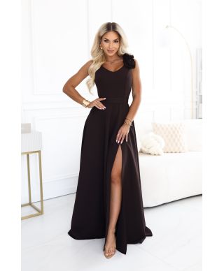  643-10 Elegancka wieczorowa suknia maxi z rozcięciem i różami - czekoladowy brąz 