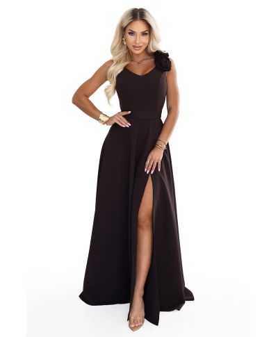 Abito lungo da sera elegante con spacco e rosa – marrone cioccolato – NAYLA - GOGOLFUN.IT