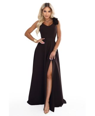  643-10 Elegancka wieczorowa suknia maxi z rozcięciem i różami - czekoladowy brąz 