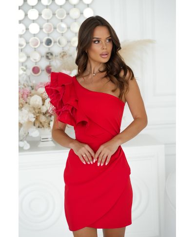 Vestito corto elegante con piume, Rosso - Fiora Mini