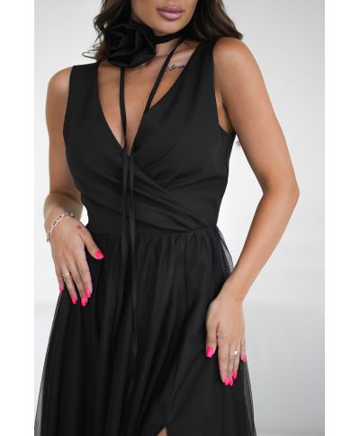 Abito elegante lungo - Spacco sulla gamba - Colore nero