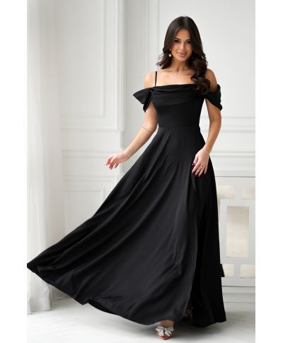 Abito elegante, lungo - Spacco sulla gamba - Spalline cadenti - Nero