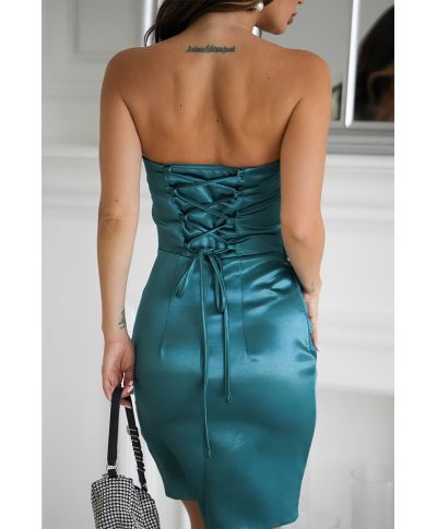 Abito elegante corto - Senza spalline - Satin verde - Rosa drappeggiata sul corpetto