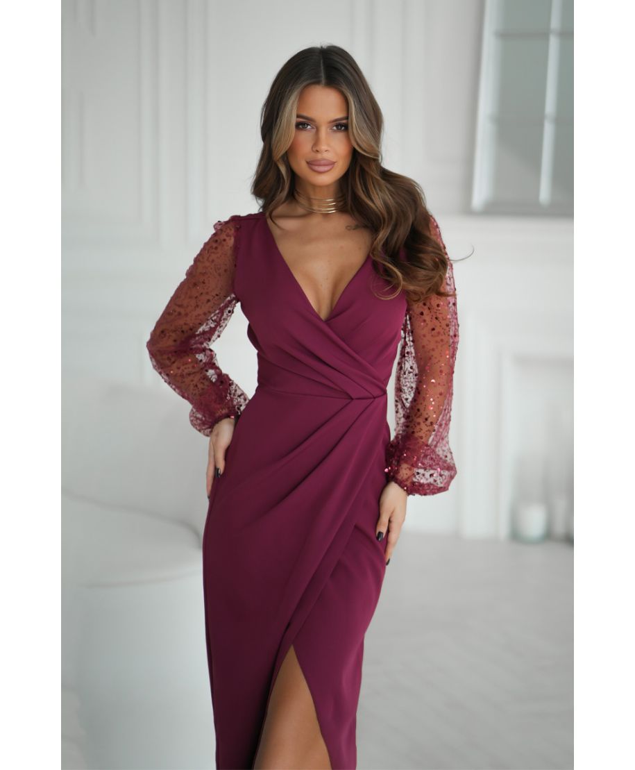 Vestito da Cerimonia Bordeaux con Maniche Cekinate – Scarlet