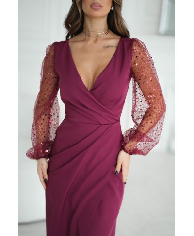Vestito da Cerimonia Bordeaux con Maniche Cekinate – Scarlet