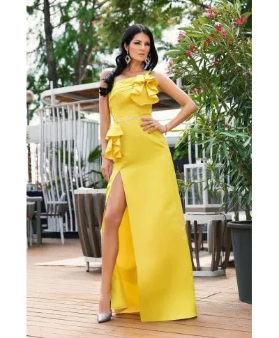 Vestito giallo - Elegante - Con spacco - Monospalla