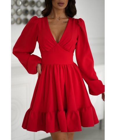 Abito donna elegante, rosso - Scollo a V - Maniche lunghe a palloncino