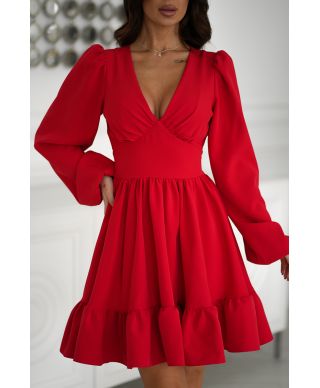 Abito donna elegante, rosso - Scollo a V - Maniche lunghe a palloncino