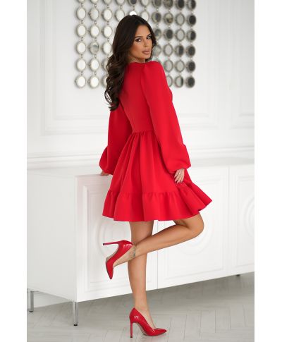 Abito donna elegante, rosso - Scollo a V - Maniche lunghe a palloncino