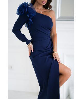 Abito da sera blu con dettaglio floreale – Aderente - Con spacco - Eleganza asimmetria