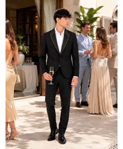 Smoking uomo nero particolare, rever con pietre oro -  George - Gogolfun.it