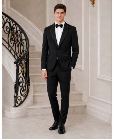 Smoking uomo nero particolare, rever con pietre oro -  George - Gogolfun.it