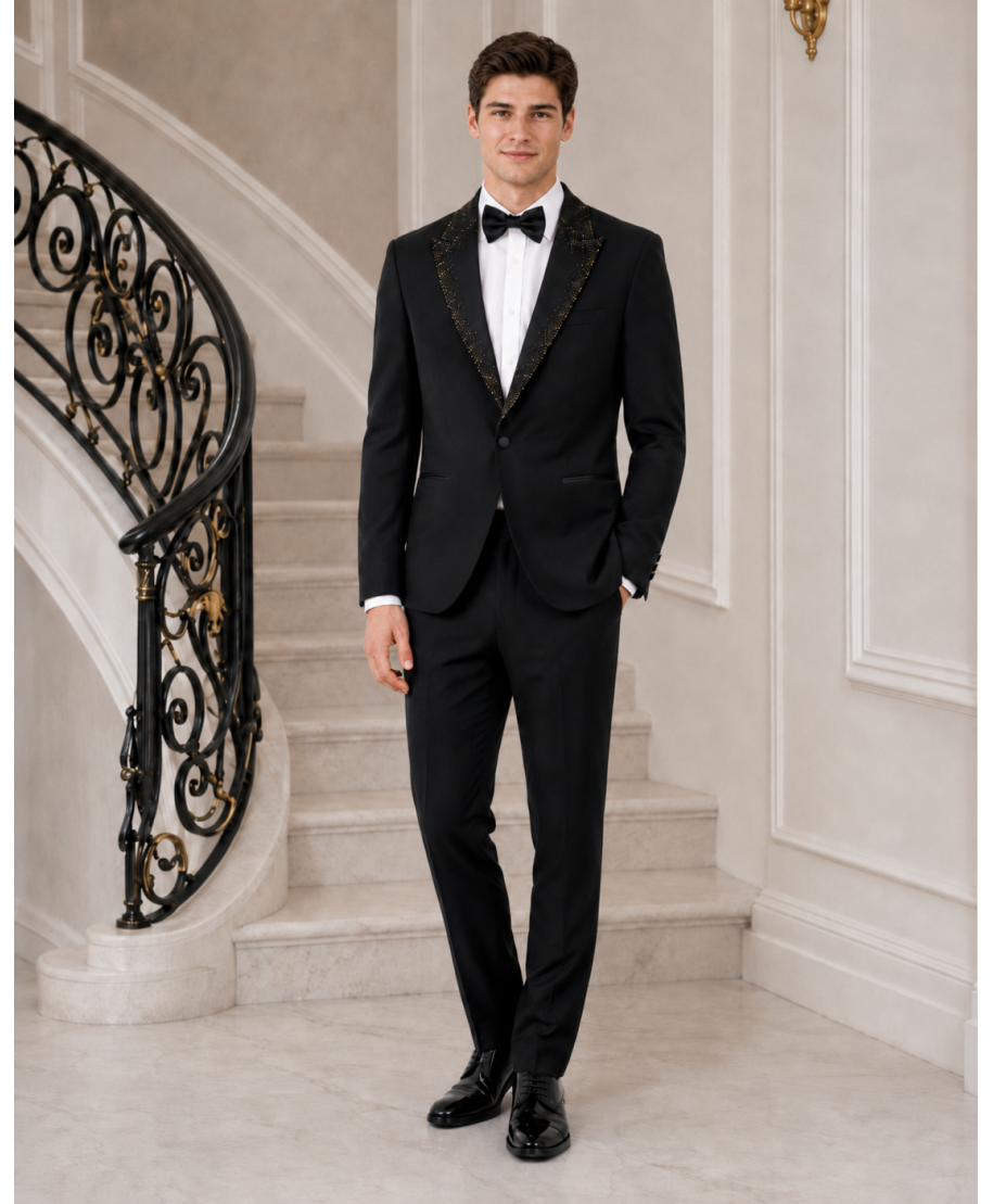 Smoking uomo nero particolare, rever con pietre oro -  George - Gogolfun.it