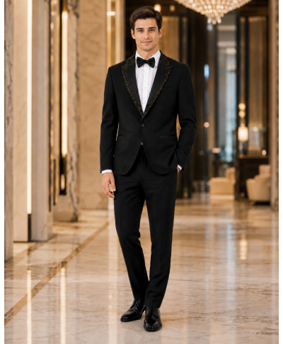 Smoking uomo nero particolare, rever con pietre oro -  George - Gogolfun.it