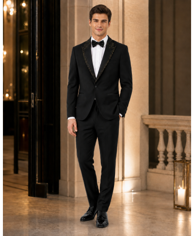 Smoking uomo nero particolare, rever con pietre oro -  George - Gogolfun.it