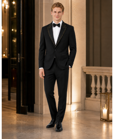 Smoking uomo nero particolare, rever con pietre oro -  George - Gogolfun.it