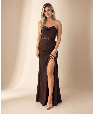 Vestito lungo elegante marrone - Kira - Vestiti cinquantesimo compleanno - Gogolfun.it