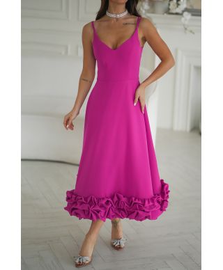 Abito midi elegante fucsia intenso con balza floreale 3D – Tessa