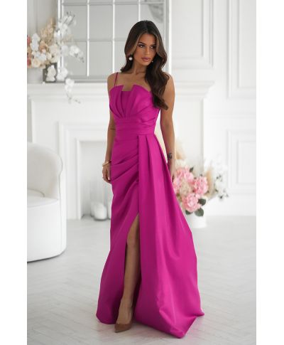 Abito Lungo Fucsia con Corsetto Geometrico e Spacco – Oriana