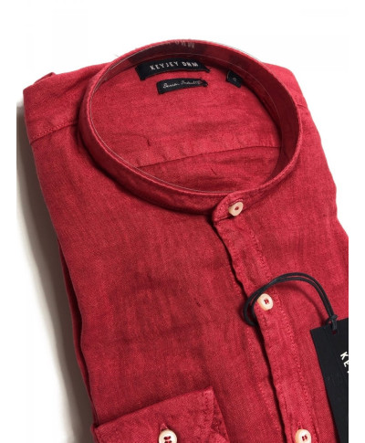 Camicia di lino, rossa - Colletto alla coreana - Key Jey