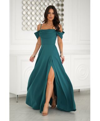 Abito elegante, lungo - Spacco sulla gamba - Spalline cadenti - Verde bottiglia
