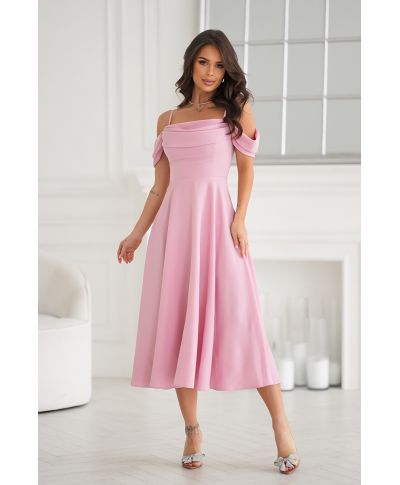 Abito midi elegante - Scollo Morbido - Manichette cadenti - Rosa sporco